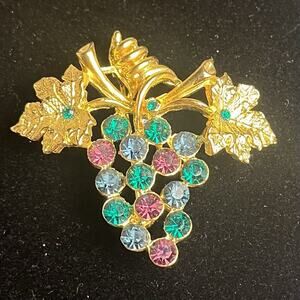 Vintage Lia Multicolor Rhinestones Bunch of Grape Gold Tone Fruits Brooch Pin
